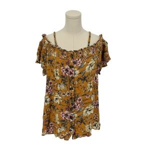 Torrid Smocked Top Mustard Yellow Floral Print Button Front Size 00